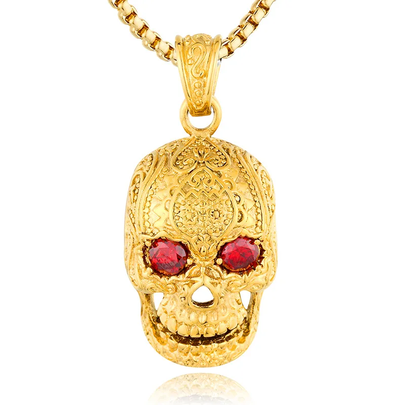 Unique Black gold color Skull with rhinestone eyes Pendant Necklace 316L Stainless Steel Pendant Mens Punk Biker Jewelry Gifts