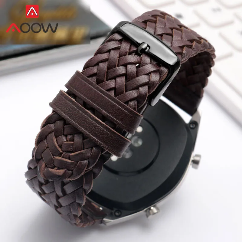 20mm 22mm 24mm Braided Genuine Leather Strap Quick Release Men Women Replacement Bracelet Belt Wrist Band for Smart Watch Brown