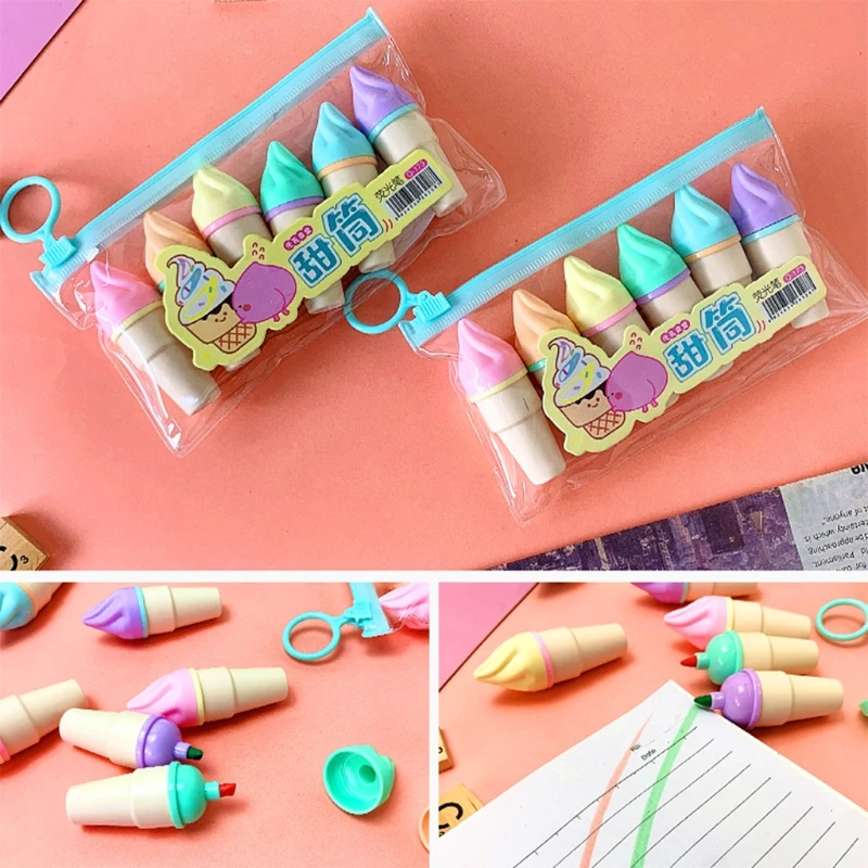 6pcs Cute Mini Highlighter Pen Kawaii Cartoon Ice Cream Shape Fluorescent Marker Pens School Office Stationery