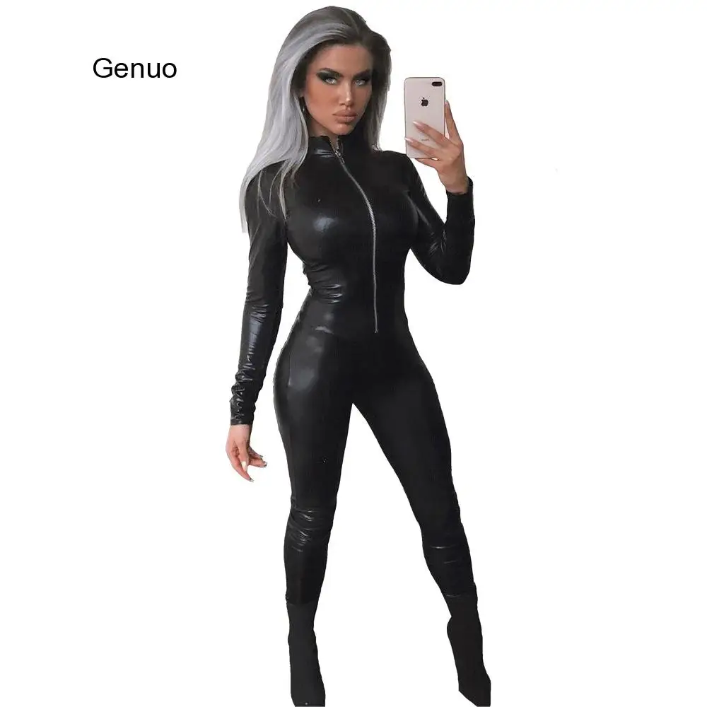 Shiny Pu Leather Jumpsuit Zip Up Long Sleeve Streetwear Women Faux Leather Romper One Piece Wet Look Leggings Sexy Club Catsuit