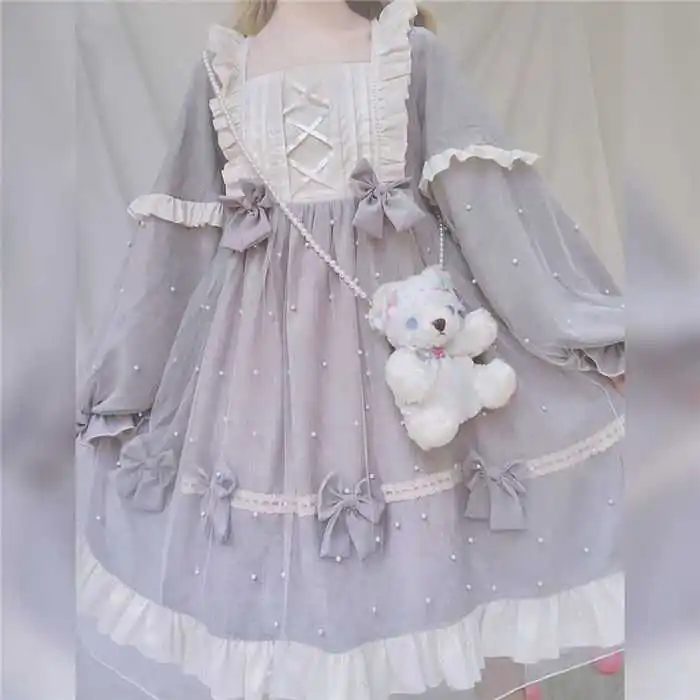 Princess tea party sweet lolita dress vintage lace bowknot high waist victorian dress kawaii girl Pearl doll loli cosplay