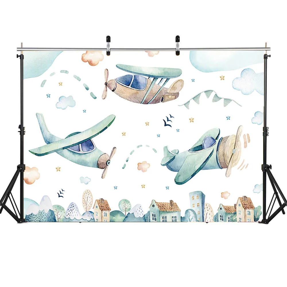 Fondo de fotografía de juguete de Avión Vintage, telón de fotografía de aventura, cielo azul, nubes blancas, cabina, estudio fotográfico