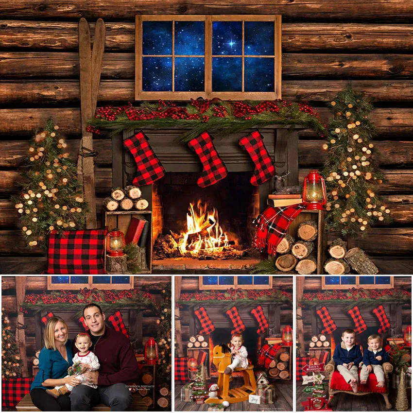 Christmas Photography Backdrop Vintage Wooden Wall Fireplace Background for Photo Studio Photoshoot Xmas Dark Mantel Backdrop