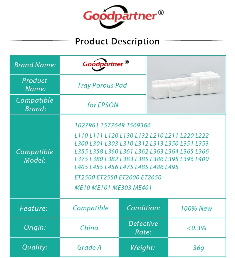 Esponja de depósito de tinta residual para Epson, L355, L210, L120, L365, L110, L111, L130, L132, L211, L220, L222, L300, L301, L360, L362, L363,