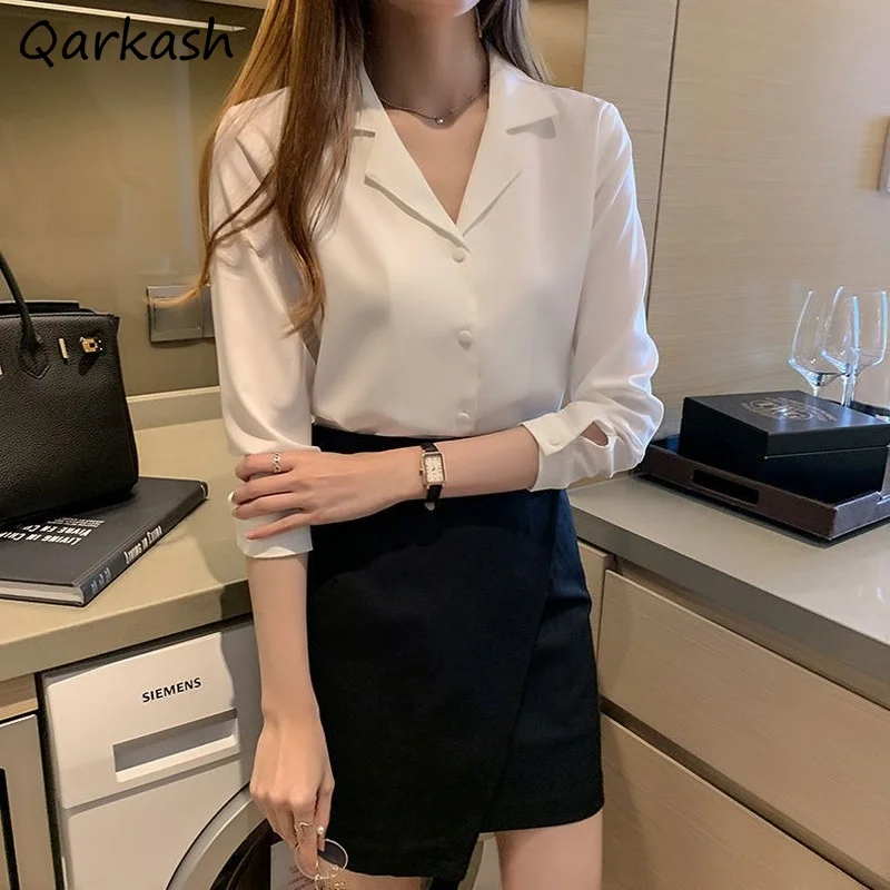 Shirt Women Solid Chiffon Design Autumn Long Sleeves Elegant Casual Korean Style Chic Single Breasted Notched Collar Ladies Hot