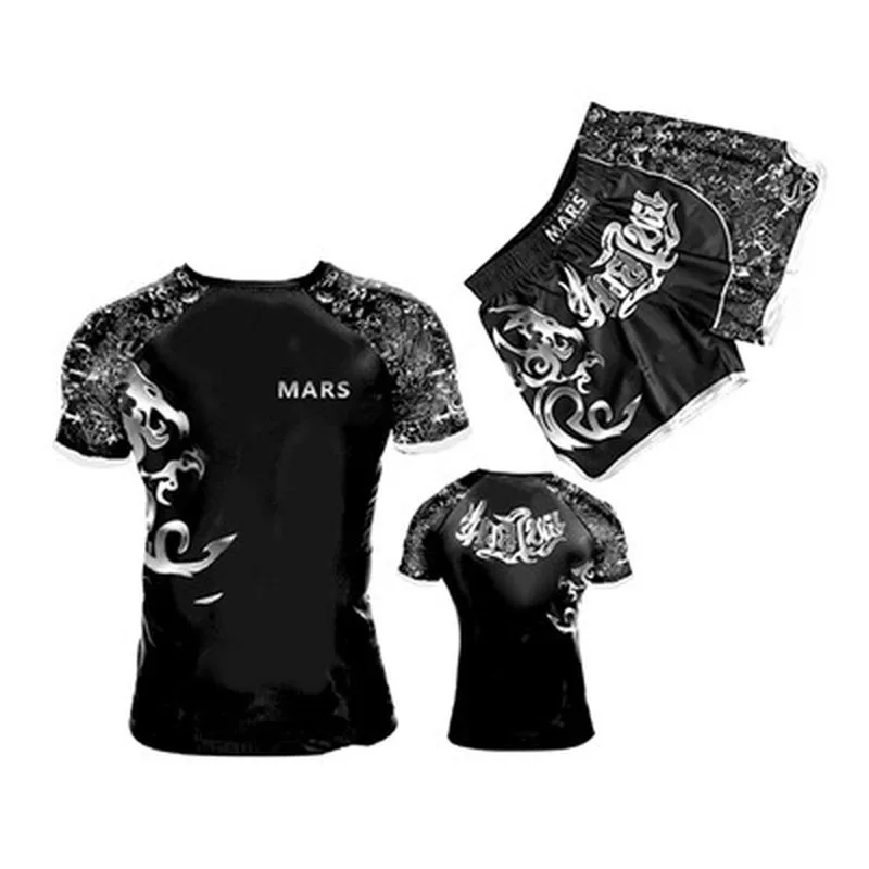 Rashguard Mma Muay Thai T Shirt spodenki garnitur drukowane oddychające elastyczne walki MMA zestaw krótki boks Jersey Fitness trening gimnastyczny