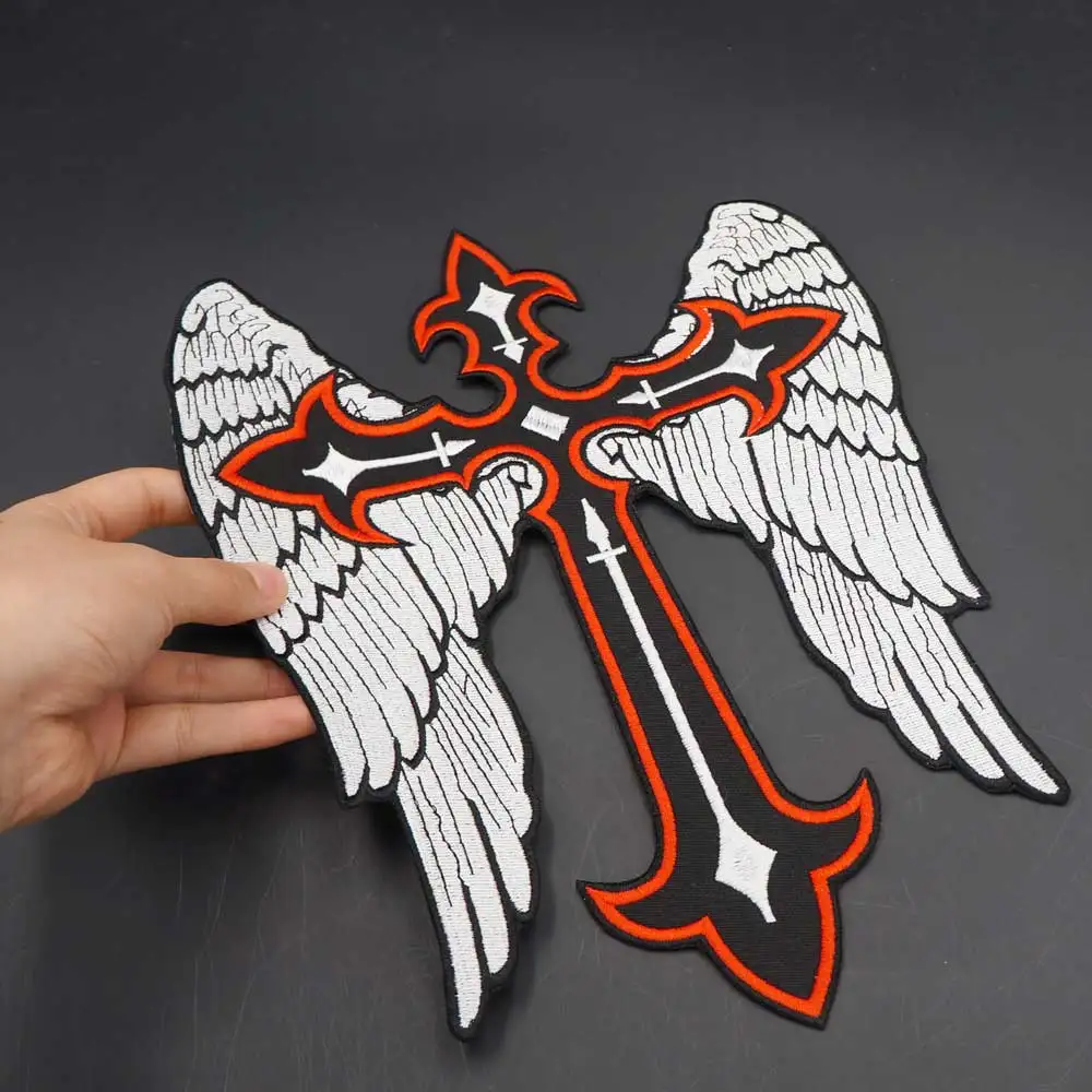 Cross Wings Christian Embroidered Patch Biker Rider Patches for Clothing Jacket Iron on Backing