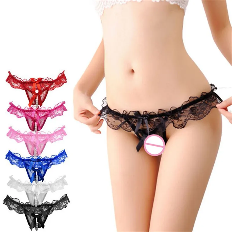 Sexy Crotchless Underwear Faux Pearl  Women\'s G-String Thongs Briefs Panties Hot Erotic Women Lingerie String Lace Bowknot