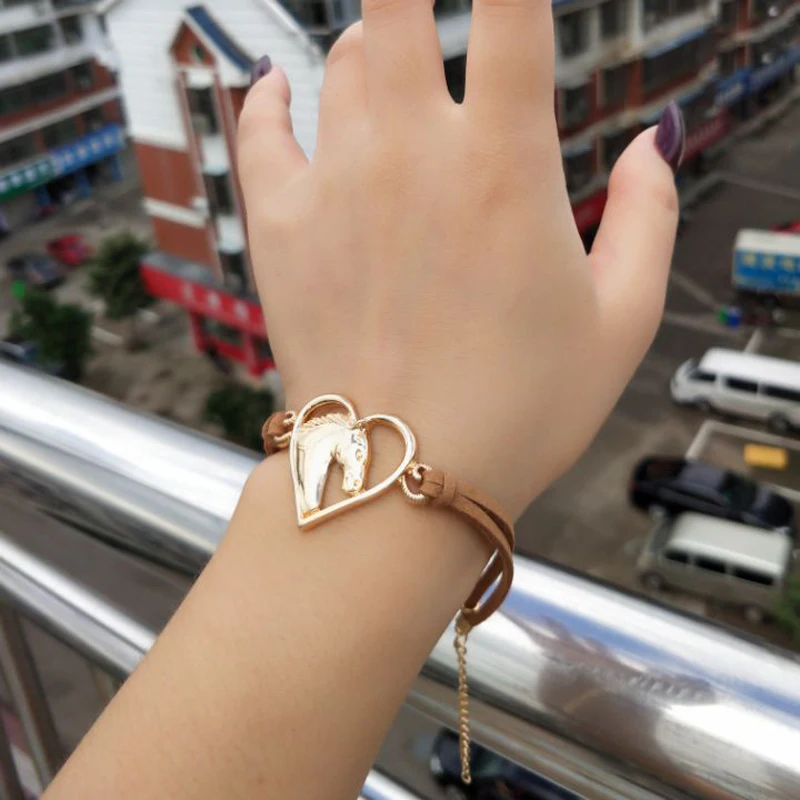 hzew gold color heart horse head bracelet two colors Velvet tape horse bracelet horse lover gift