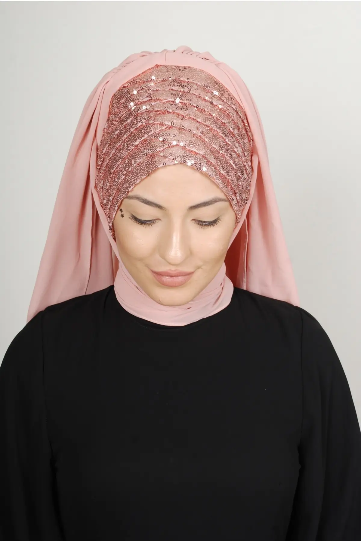 Instant Hijab Front Sequined Shirred Bridal Veil