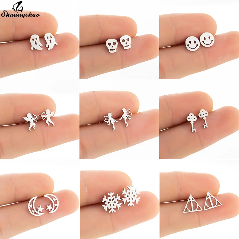 Shuangshuo Lovely Skull and Ghost Stud Earrings Stainless Steel Cartoon Tiny Earrings Fashion Jewelry for Women Halloween Gift