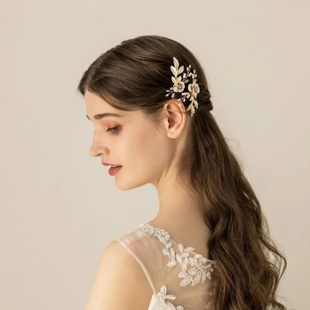 O559 Klassieke Geschilderd Bladeren Dubbele Bridal Ornamenten Kathedraal Wedding U-vorm Haarspelden Met Faux Bloemen