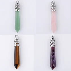 Reiki Natural Gem Stone Bead Blue Sand Long Hexagonal Pillar Prism column Healing Point Opal Necklace Pendants Men Women Jewelry