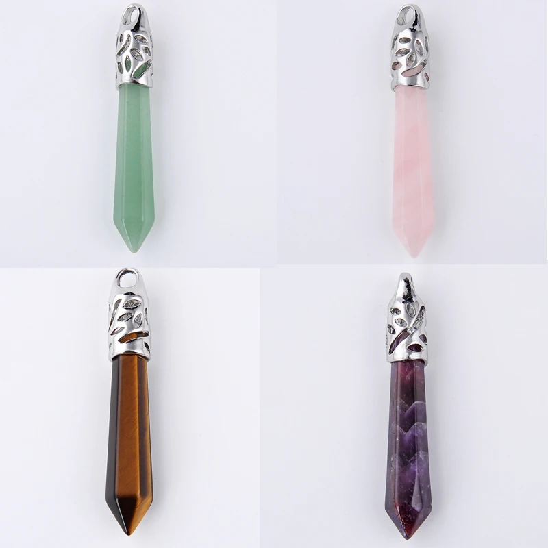 Reiki Natural Gem Stone Bead Blue Sand Long Hexagonal Pillar Prism column Healing Point Opal Necklace Pendants Men Women Jewelry