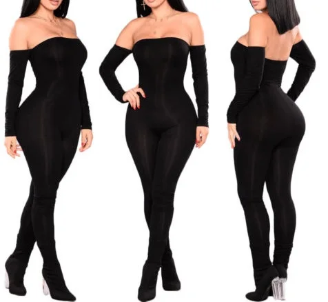 Vrouwen Jumpsuit Off Shoulder Clubwear Speelpakjes Dames Bodycon Party Jumpsuits Vrouwelijke Solid Slash Hals Rompertjes S-XL Zwart