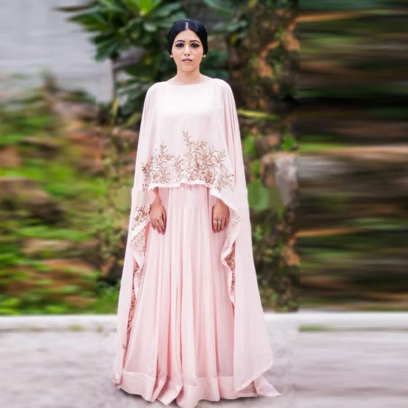 Chic Chiffon Long Prom Gowns With Cloak Dubai Arabic Formal Party Dress Appliques Indian Pink Prom Dresses India Clothing Women