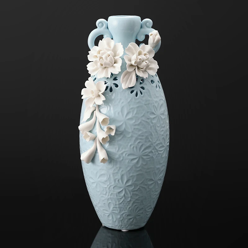 European Style Creativity Blue Ceramic Vase Embossed Flowers Flower Arrangement Container Desktop Decoration Home Decorations