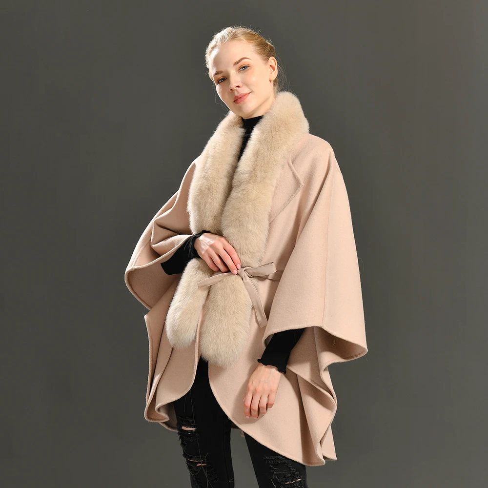 

Women Cashmere Coat with Sashes Big Fox Fur Collar Fashion Women's Woolen Jacket Loose Solid Detachable Real Fur Collar Coat