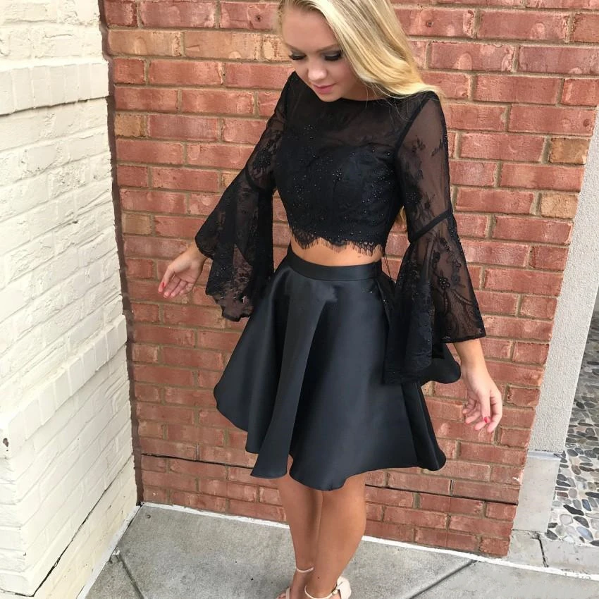 

2 Pieces Black Flare Long Sleeve Homecoming Dresses 2021 A Line Scoop Neck Lace Appliques Above Knee Mini Party Prom Gown Satin