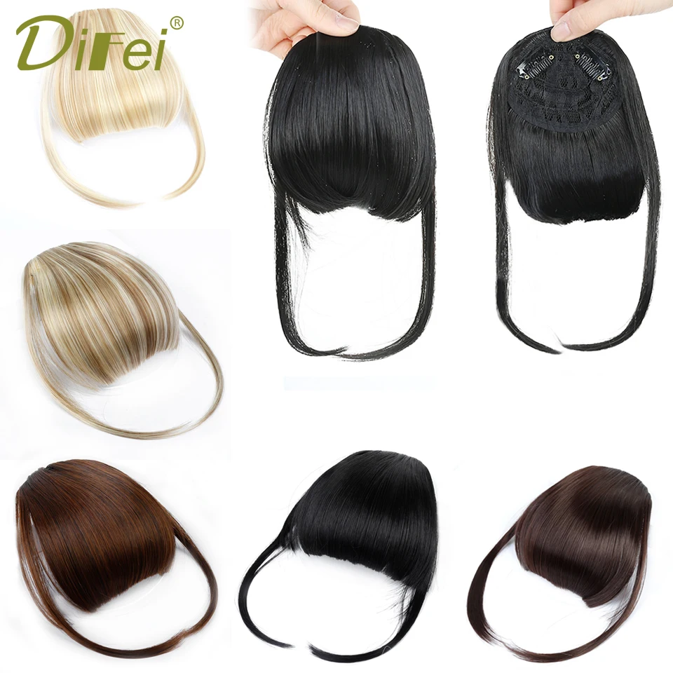 DIFEI-Fake Clip-On Franja extensões de cabelo, fibra sintética, franja com templos Hairpieces, alta temperatura, preto, marrom