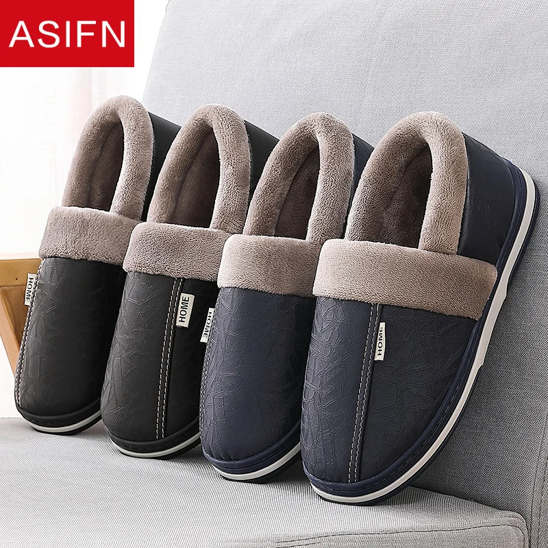 ASIFN-Chinelos de Couro PU Indoor para Homens e Mulheres, Impermeável, Casa, Pele, Masculino, Casal, Liso, Algodão, Chinelo de Inverno, Tamanho