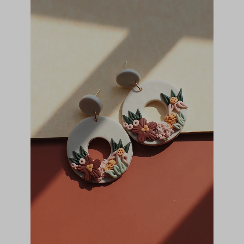Handmade Beige Pink Polymer Clay Earring Sets with Detailed Flowers Multi Colors Hoop Pendant Dangle Women\'s Jewelry Gift for Pa