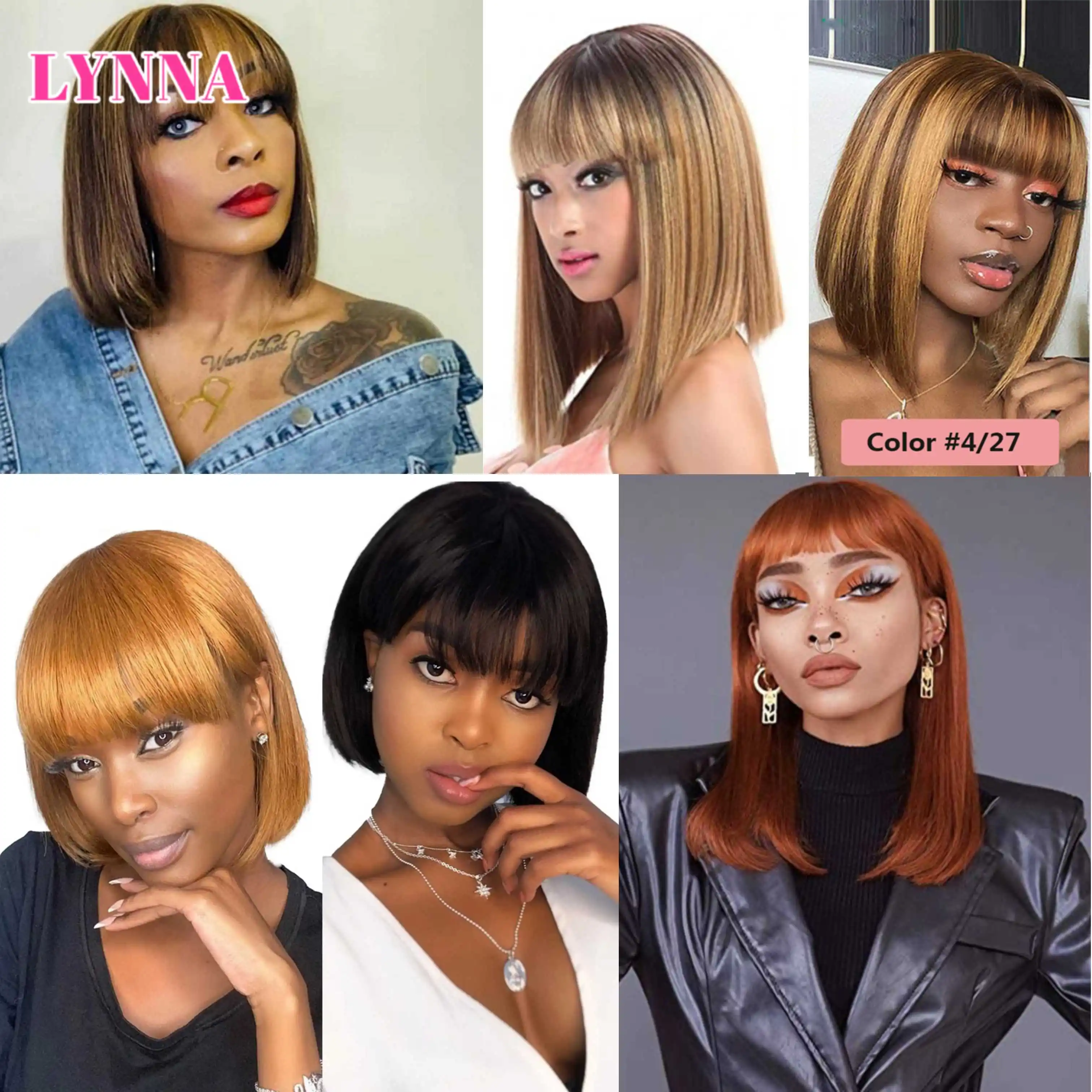 Highlight Bob Straight Wig With Bangs Full Machine Made Human Hair Wigs Short Bob Ombre Human Hair Wig Cheap Wig For Black Women