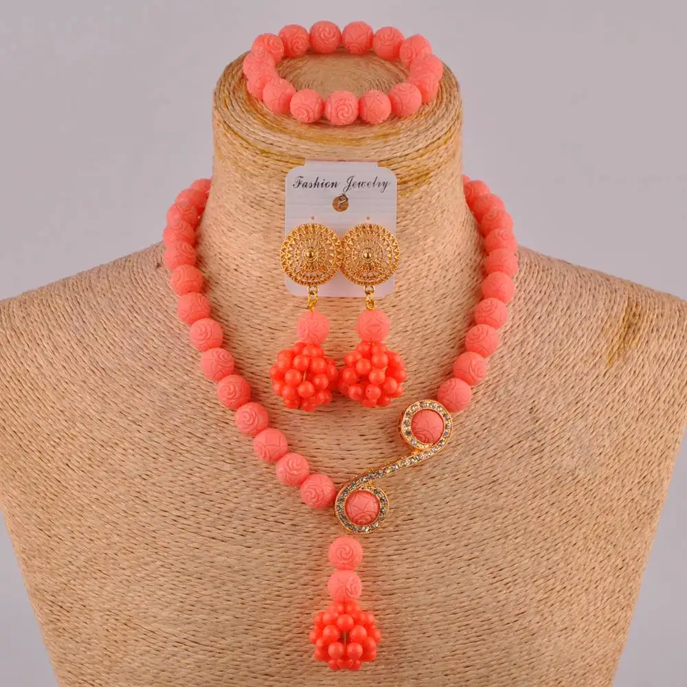 

Pink coral beads round African jewelry metal accessories jewelry fashion necklace Nigeria wedding jewelry set SH-12