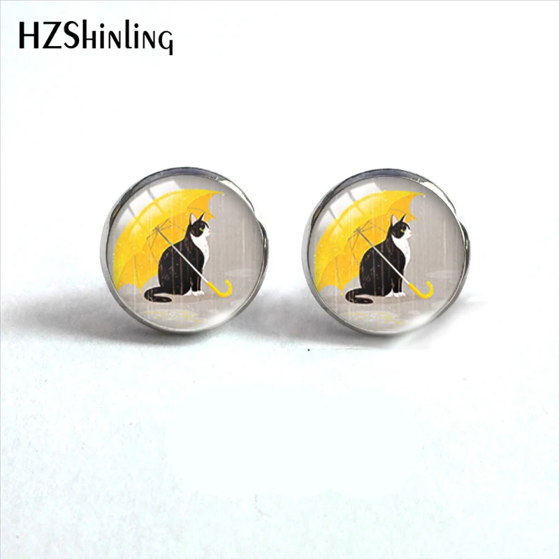 2019 New Cat with Umbrella Round Earring Cute Cat Under Rain Earrings Glass Dome Cabochon Jewelry HZ4