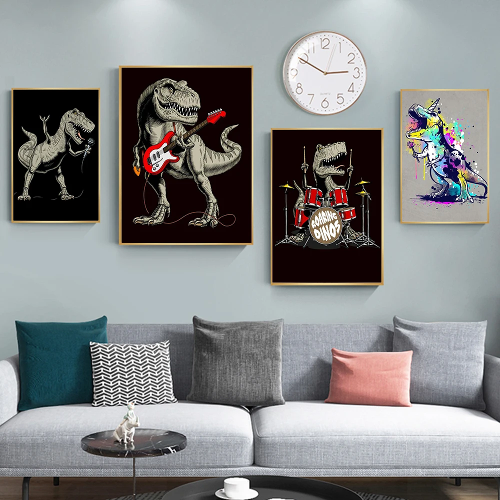 

Abstract Dinosaur Band Posters and Prints Fashion Color Wall Art Canvas Painting Aesthetics Living Room Kid'S Bedroom Decor Gift