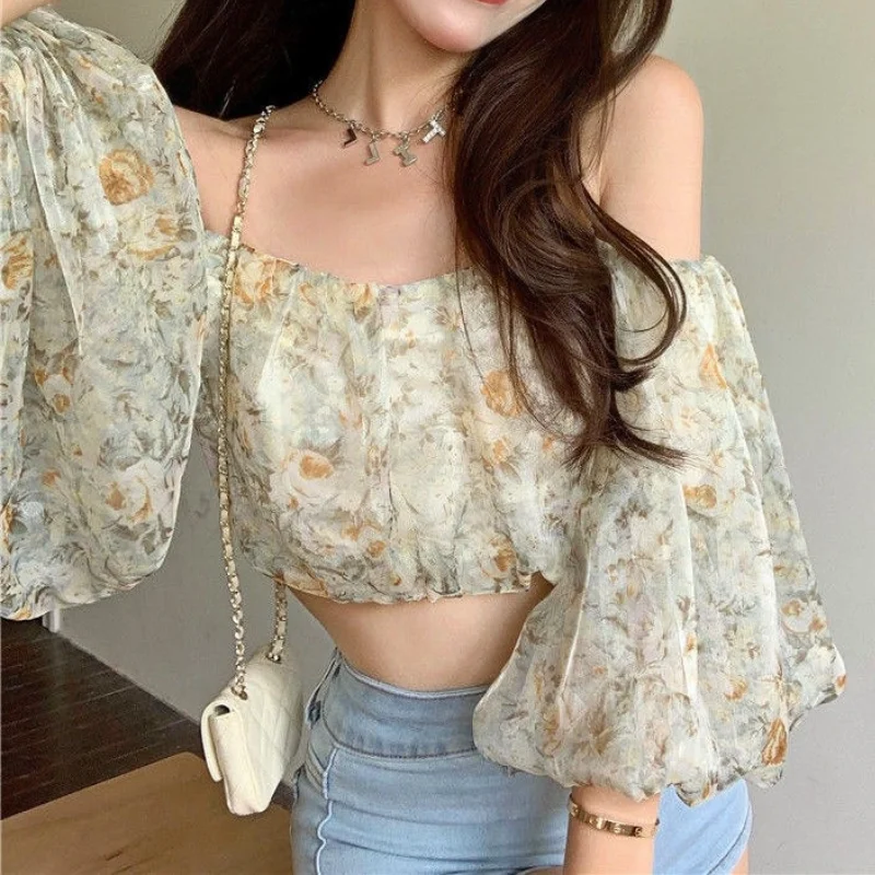 Sexy Floral Blouse Tops Women French Vintage Designer Sweet Slim Strap Blouse Casual Puff Sleeve Outdoor Blouse 2021 Summer