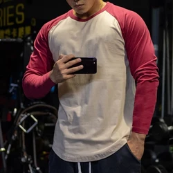 Men Cotton Tshirt Long Sleeve Patchwork Shirt Bodybuilding Curved Hem Workout Fitness T-shirt Mens Clothing