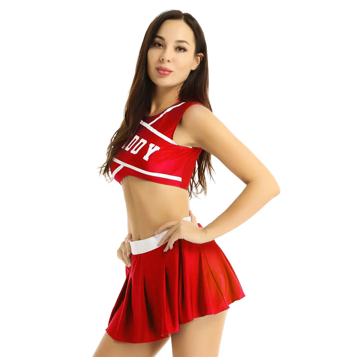 Abito uniforme da cheerleader per adulti da donna, costume da ballo cosplay per ragazze della scuola sexy, top corto con mini gonna a pieghe