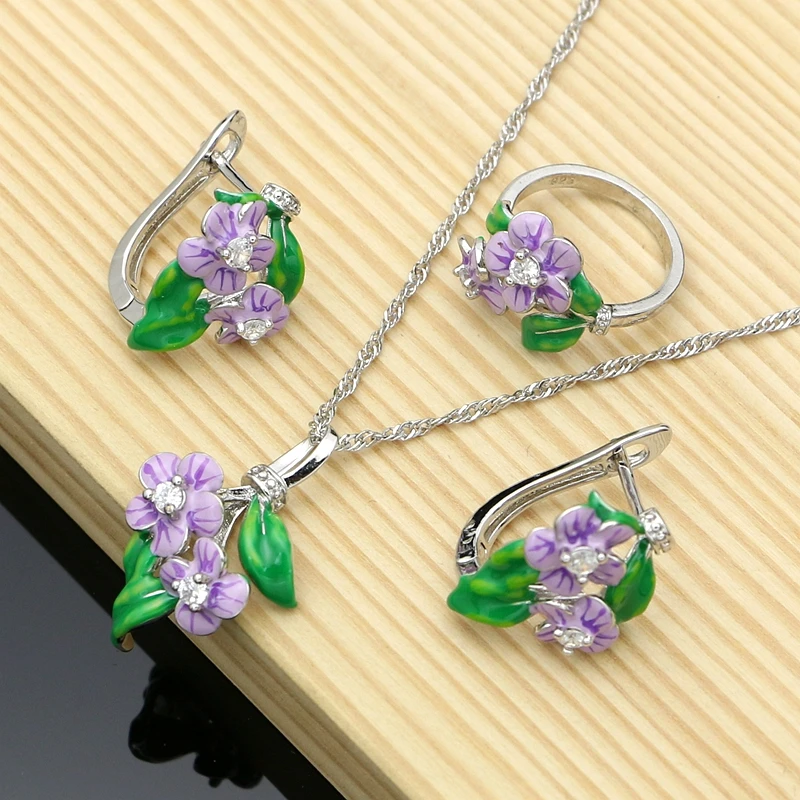 Vintage Jewelry Sets Purple Enamel Orchids 925 Sterling Silver Earrings Ring for Women Wedding Party Dropshipping