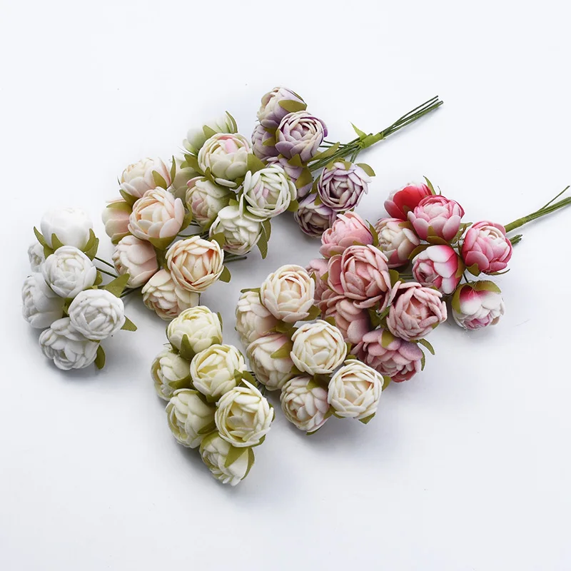 6pcs MINI Tea Roses Bouquet Diy Gifts Candy Box Home Decoration Accessories Wedding Decorative Wreaths Artificial Flowers Cheap