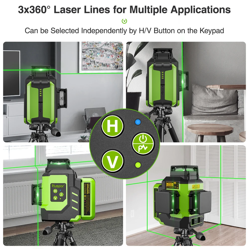 Huepar 12 Lines 3D Green Laser Level Self-Leveling Tools Horizontal & Vertical Osram Cross Lines With Hard Case 2 Li-ion Battery