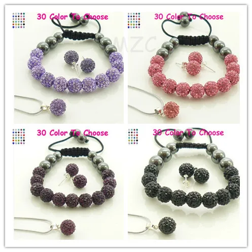 ger2sg Mixed 10mm 20 Pcs/lot Each Color 5 Piece Silver Plated crystal  Set Bracelet Stud Earring Necklace