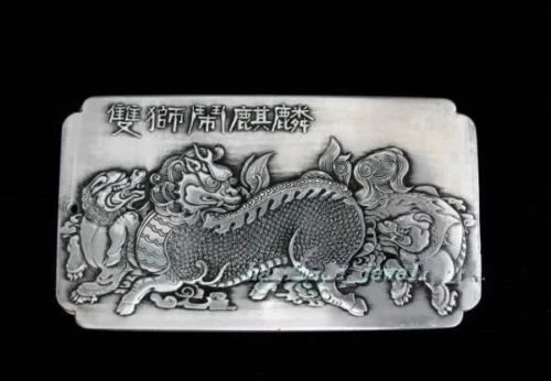 

Elaborate Old Chinese Double lion make kirin Tibetan Silver amulet auspicious plate 136g