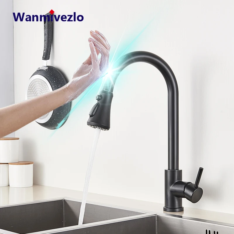 Black Touch Sensor Kitchen Faucet Smart Control Mixer Tap Deck Mount Crane 360 Rotation 3 Ways Sprayer Pull Out Mixer Torneira