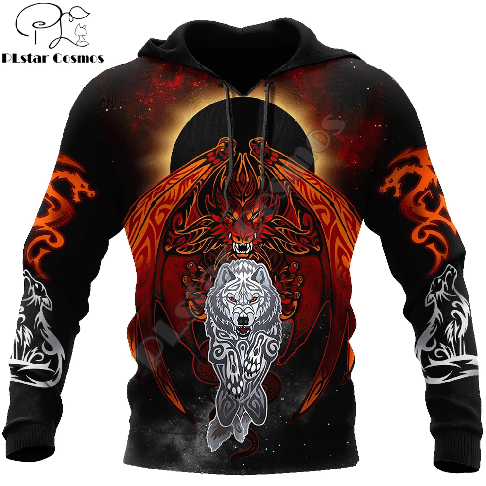 Sudadera con capucha para hombre, con estampado 3D de dragón y Lobo, con cremallera, informal, DW0212