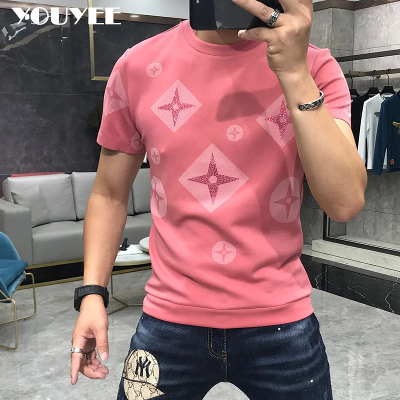 T-Shirt Men Rhinestone Pink Shirt Large Size 4XL New 2024 Summer Personalized Trend High Quality Short Sleeve Tees Male Top