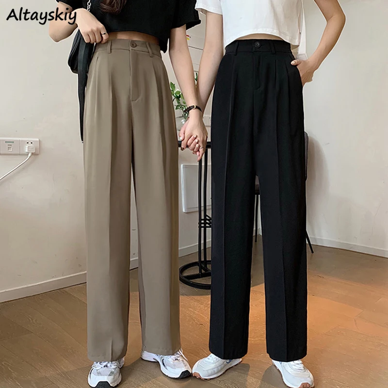 

Pants Women Full-length Casual High Waist Elegant Straight Solid Quality Cozy Trendy Trousers College Daily Korean Style