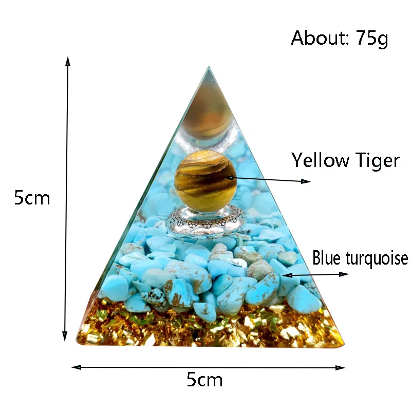 Energy Generator Orgone Pyramid Natural Blue Turquoise+Yellow Tiger Eye Ball Hand-made Resin Feng Shui Ornaments