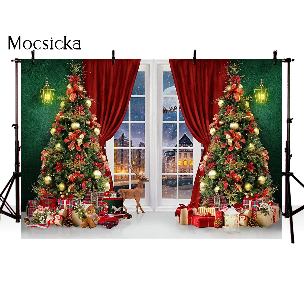 Christmas Pine Tree Portrait Backdrop for Photography Green Wall Red Curtain X-mas Holiday Decoration Child Kids Portrait Photo