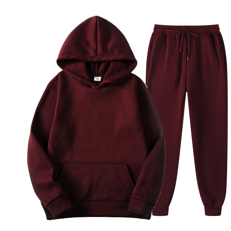 Autumn Winter Warm Hooded Sweatshirt + Pants Suits Men\'s Hooded Splicing Sweater 2 Pcs Set Male Pullover Hoodies Sportswear