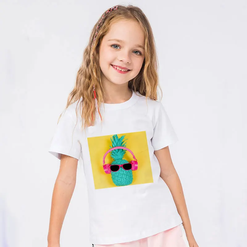 Harajuku Design Print Kids T Shirt Listen To Song Pineapple T Shirt For Girls Casual Children's Top Cute Round Neck Boy T Shirt