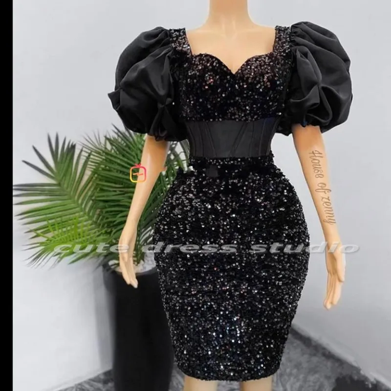 Robe de bal noire en paillettes pour femmes, tenue de Cocktail à volants, manches courtes, Aso Ebi, 2021