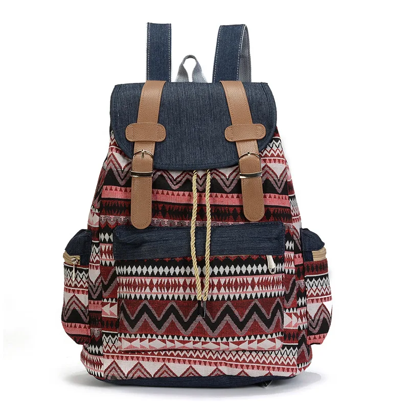 Women Printing National Backpack Canvas School Bags For Teenagers Shoulder Bag Weekend Travel Rucksack Denim Mochilas Femininas