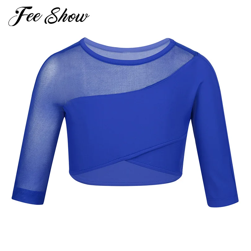 Kids Girls 3/4 Sleeves Asymmetrical Tops Stretchy Sport Crop Top for Ballet Dancing Stage Performance Workout Clothes Sportswear