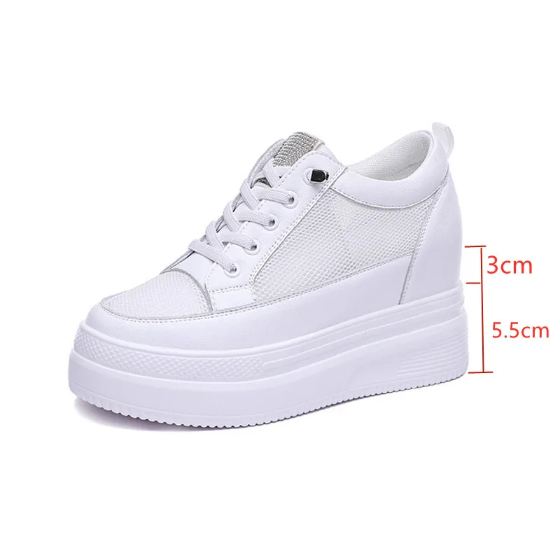 Genuine Leather Casual Women Shoes High Heels Chunky Sneakers Women 2021 Summer Breathable Mesh White Shoes Woman Sneakers